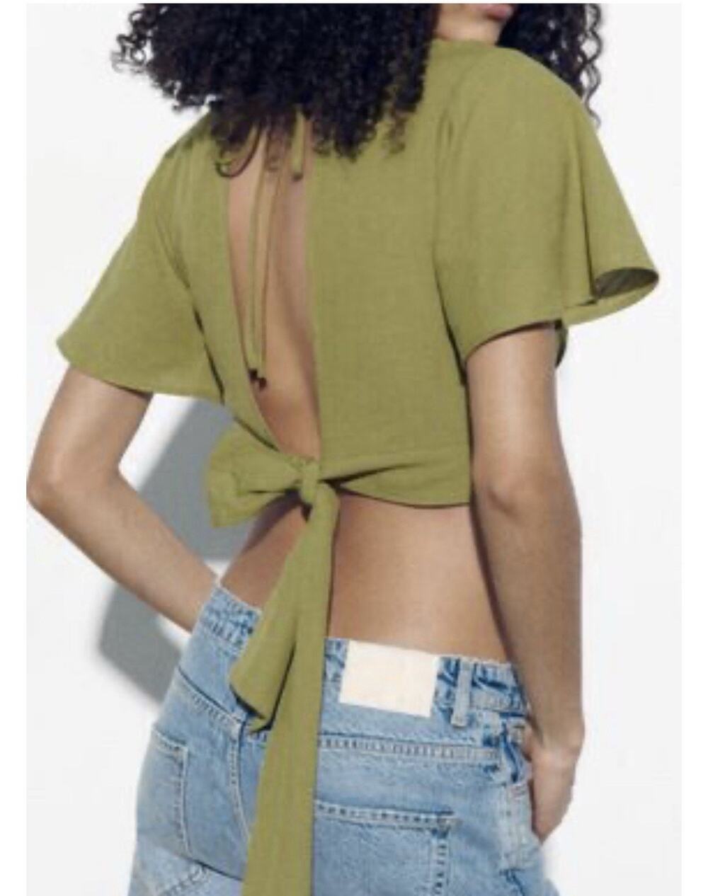 Zara Open Back , Tie Back ,Crop Olive Green Womens Size Small New With Tags